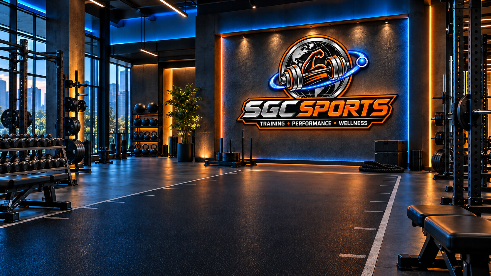 Modern SGC Sports performance gym with an illuminated wall-mounted SGC Sports sign